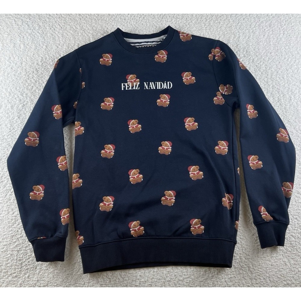 RICKY SINGH Denim & Flower Christmas Sweatshirt Santa Teddy Bears Navy Med